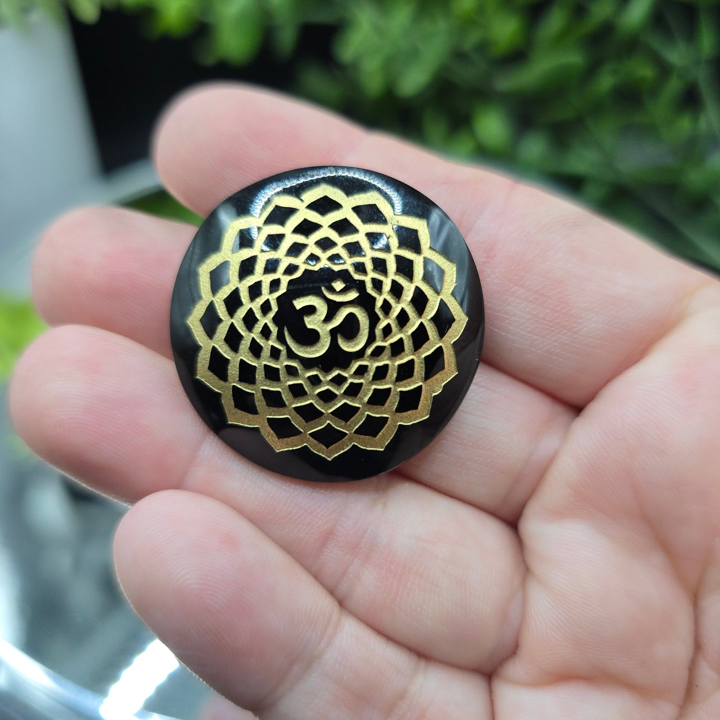 Om gold etched Obsidian Mexico