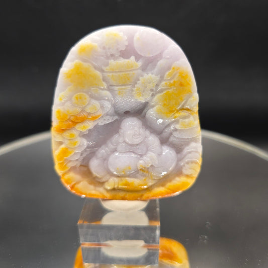 Lavender and yellow Jade Buddha carving